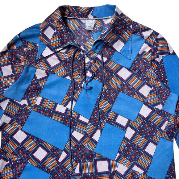 70s vintage pointed collar patchwork pattern top boho hippy 3/4 sleeve print. - Picture 5 of 8